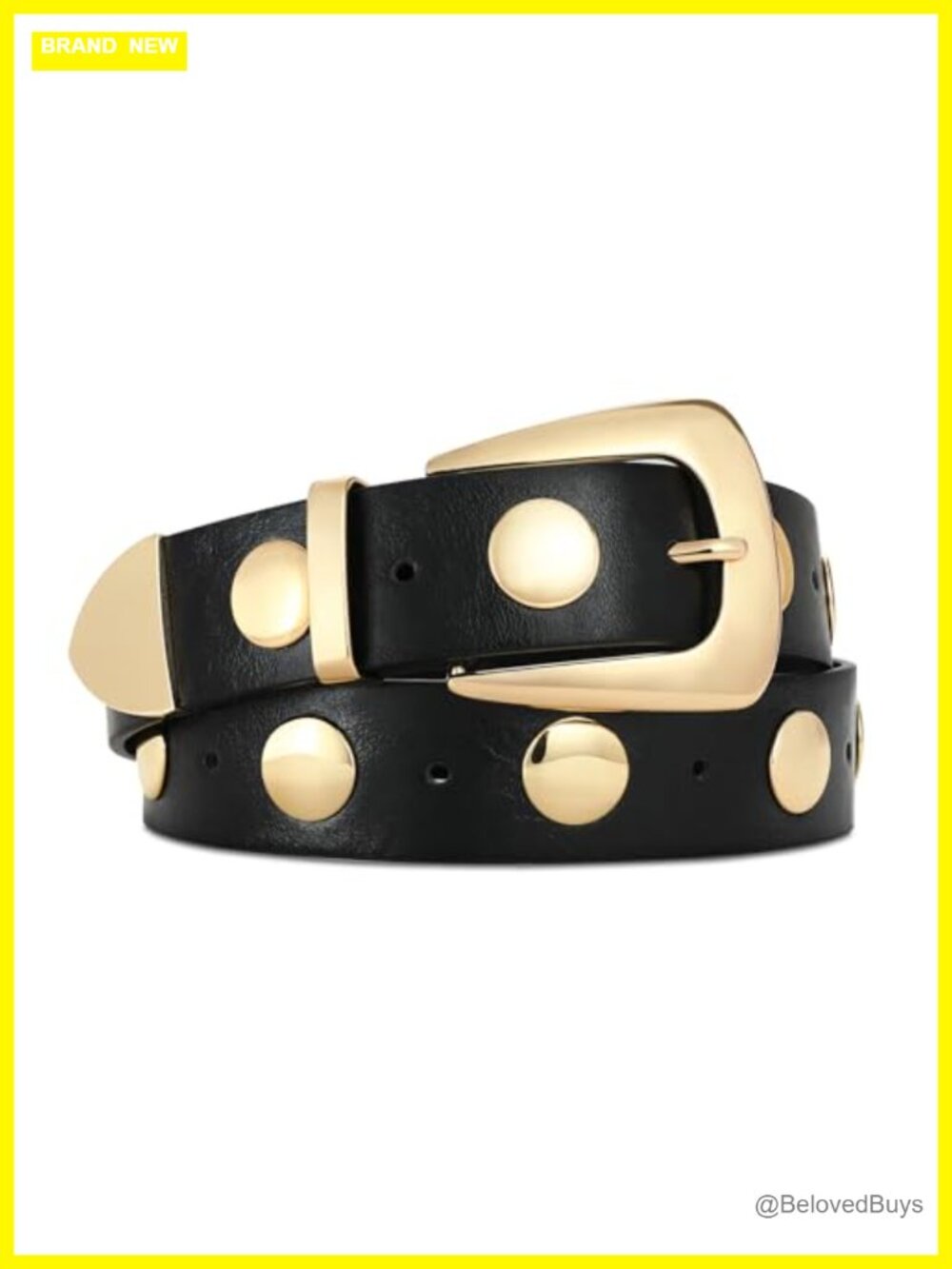 Women's Faux Leather Belt with Gold Buckle Studded Punk Waist Belt Medium